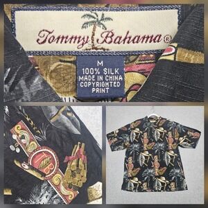 Tommy Bahama All Over Cigar Print  Shirt Men's M Black Silk Tobacco Hawaiian